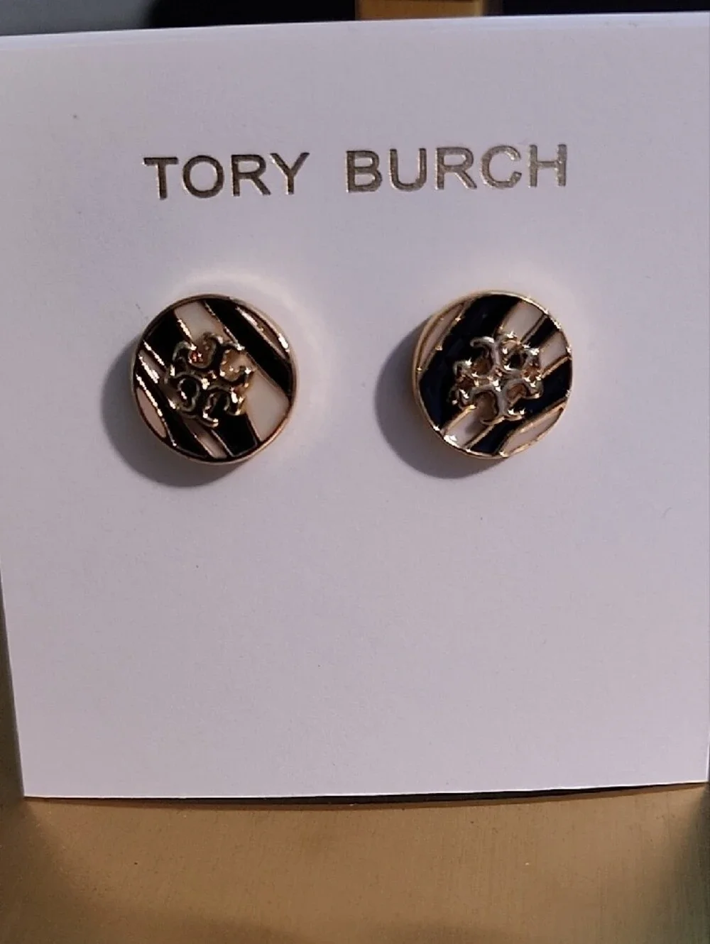 Tory Burch Gold and Black Enamel Logo Round Stud Earrings